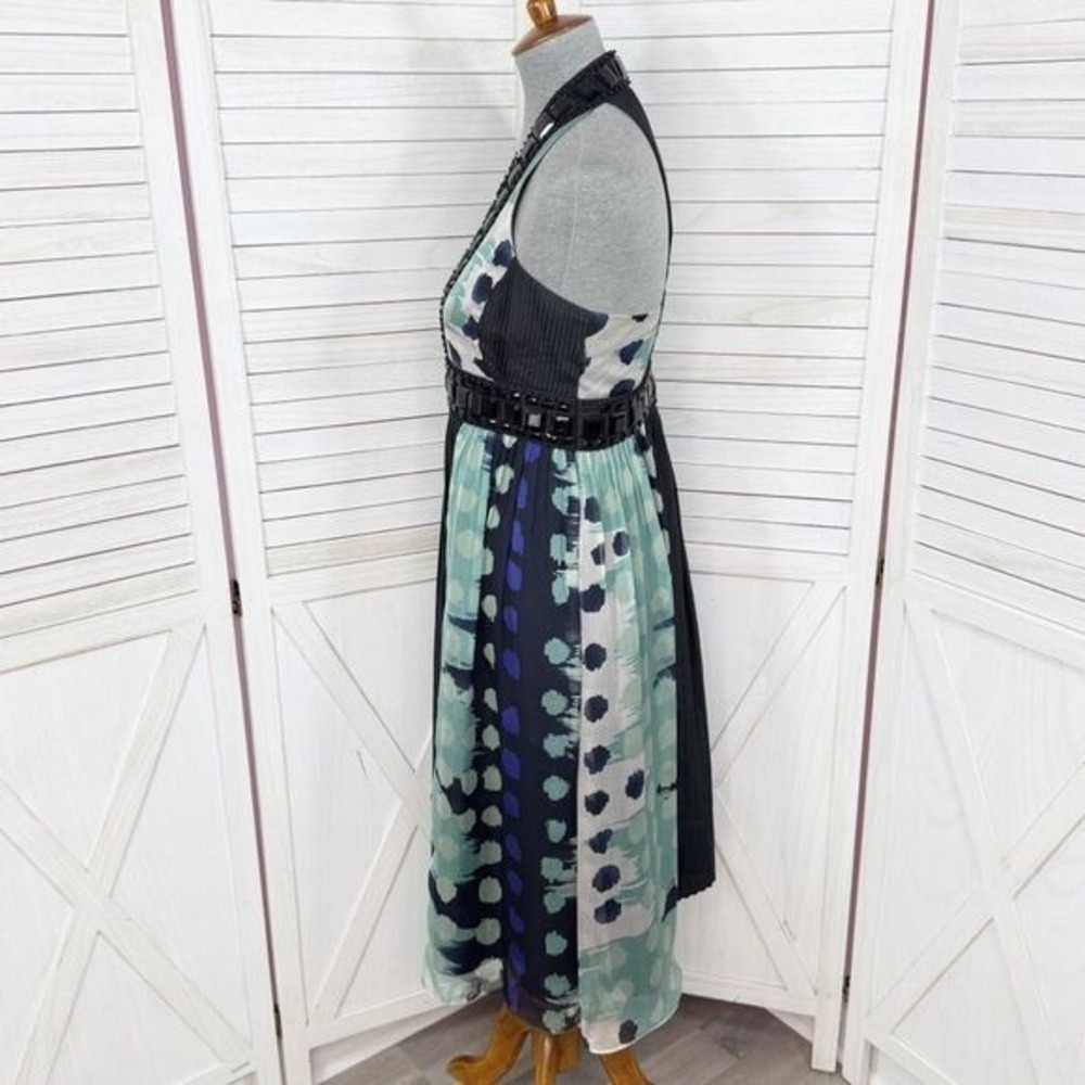 Zara Beaded Silk Pleated Multi Pattern Fit Flare Halter Dress Black Teal Medium - Picture 2 of 15